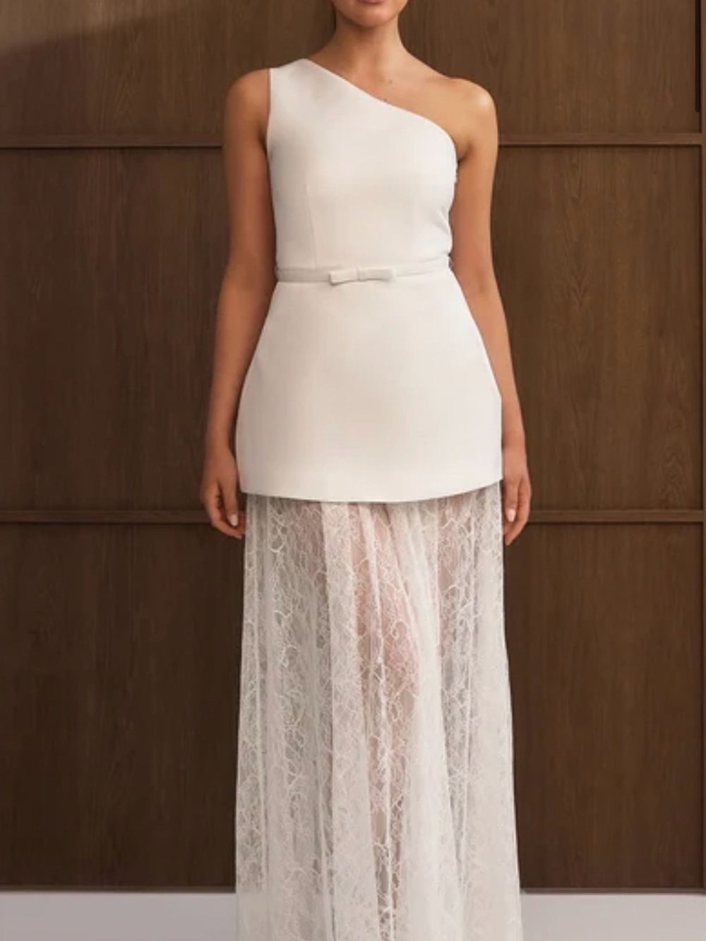 One-Shoulder Cream Lace Overlay Evening Dress